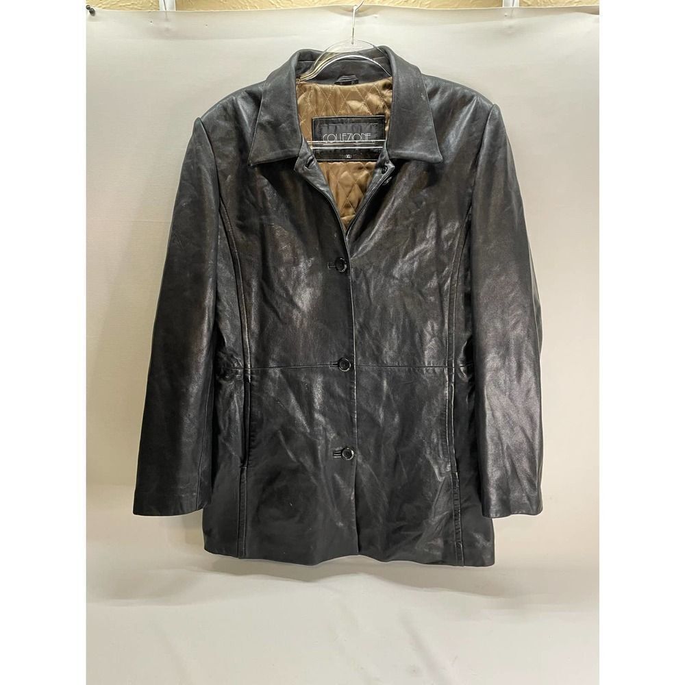Collezione Soft Leather Black Collar Button Front Size XL Women's